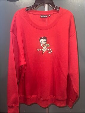Women's Red Holiday Crewneck Sweatshirt with Embroidered Cartoon Motif